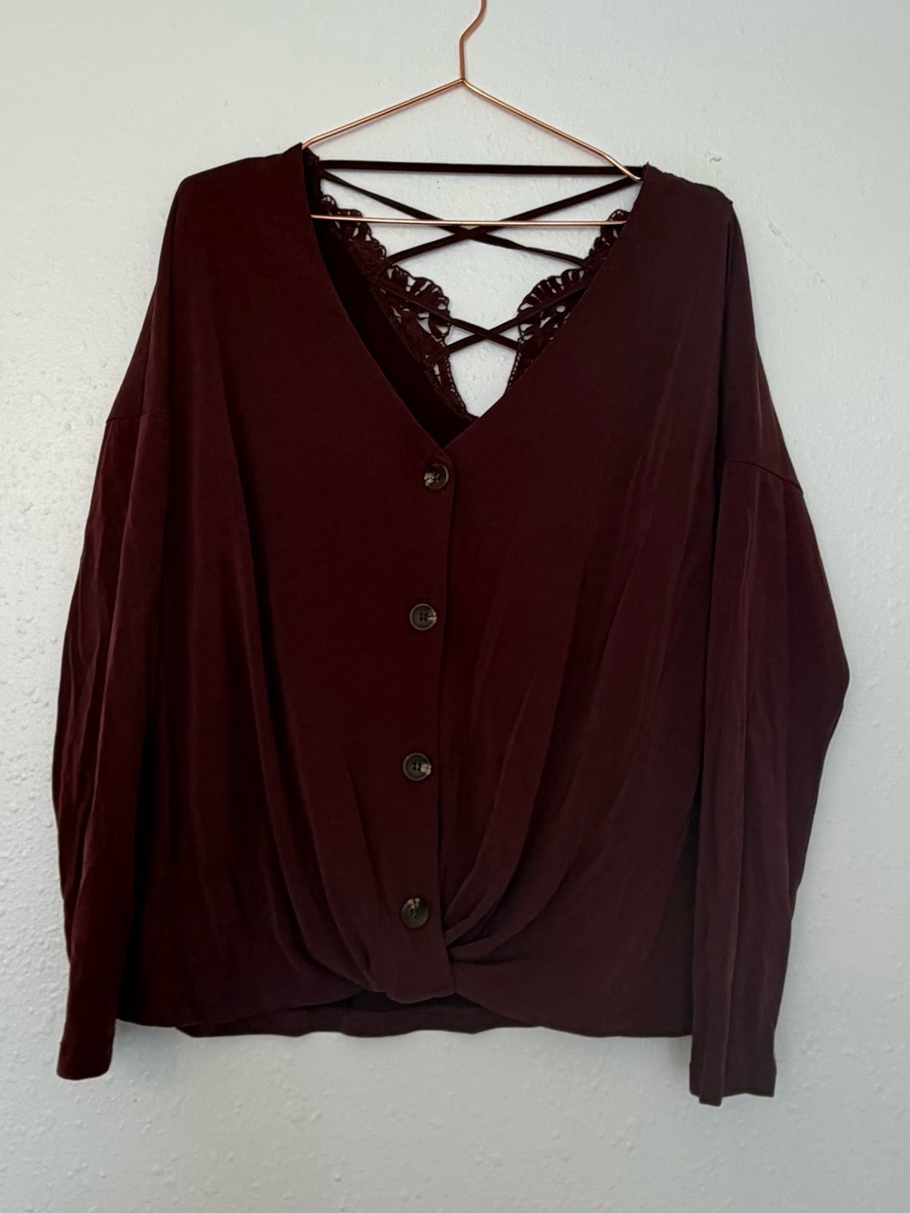 Daytrip Deep Burgundy Button-Up Knit Top with Lace Inset
